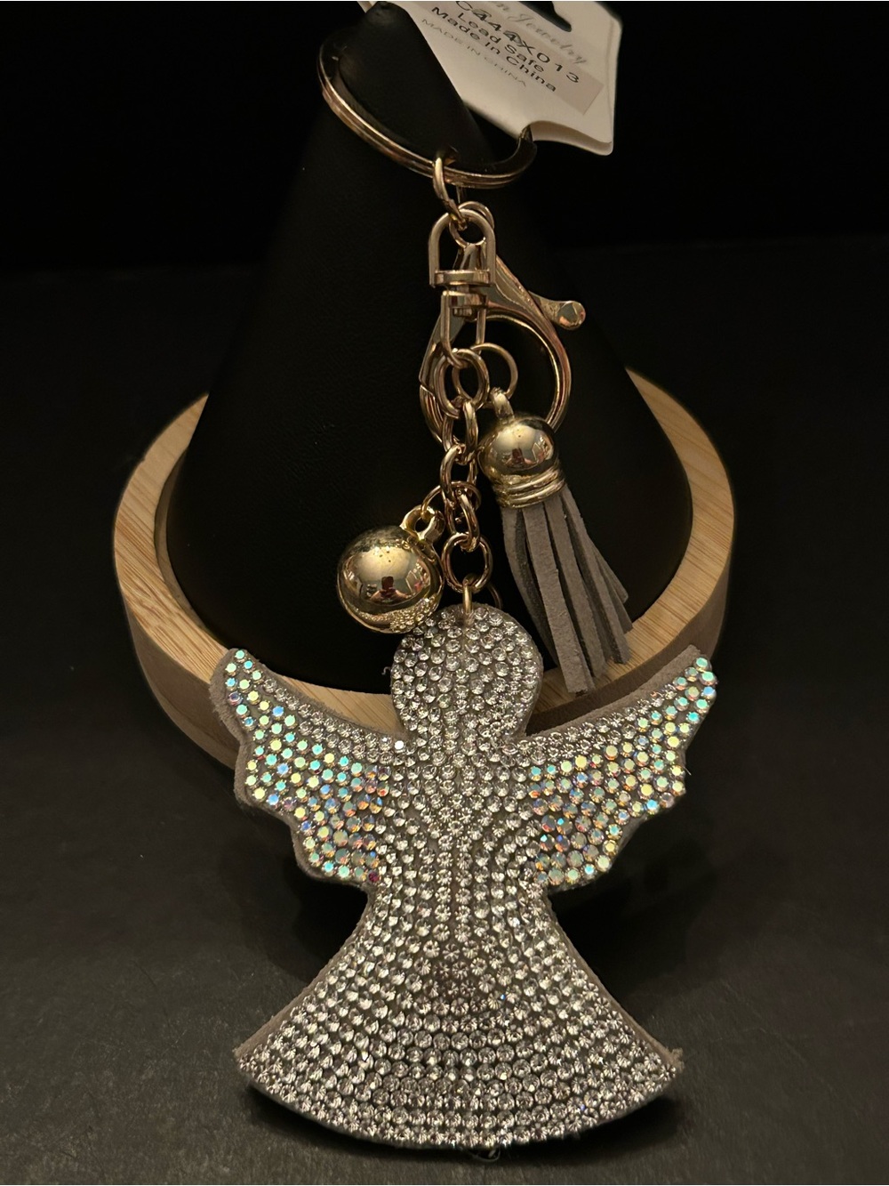 Silver & Gold Sparkling Angel Bag Charm Keychain w/Tassel & Golden Hardware